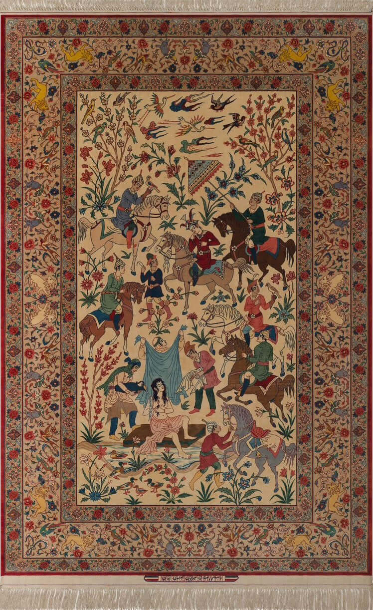 Exquisite Persian rug by Grand Master Sadegheh Seirafian, featuring a detailed hand-knotted design depicting a traditional scene, crafted from wool and silk.